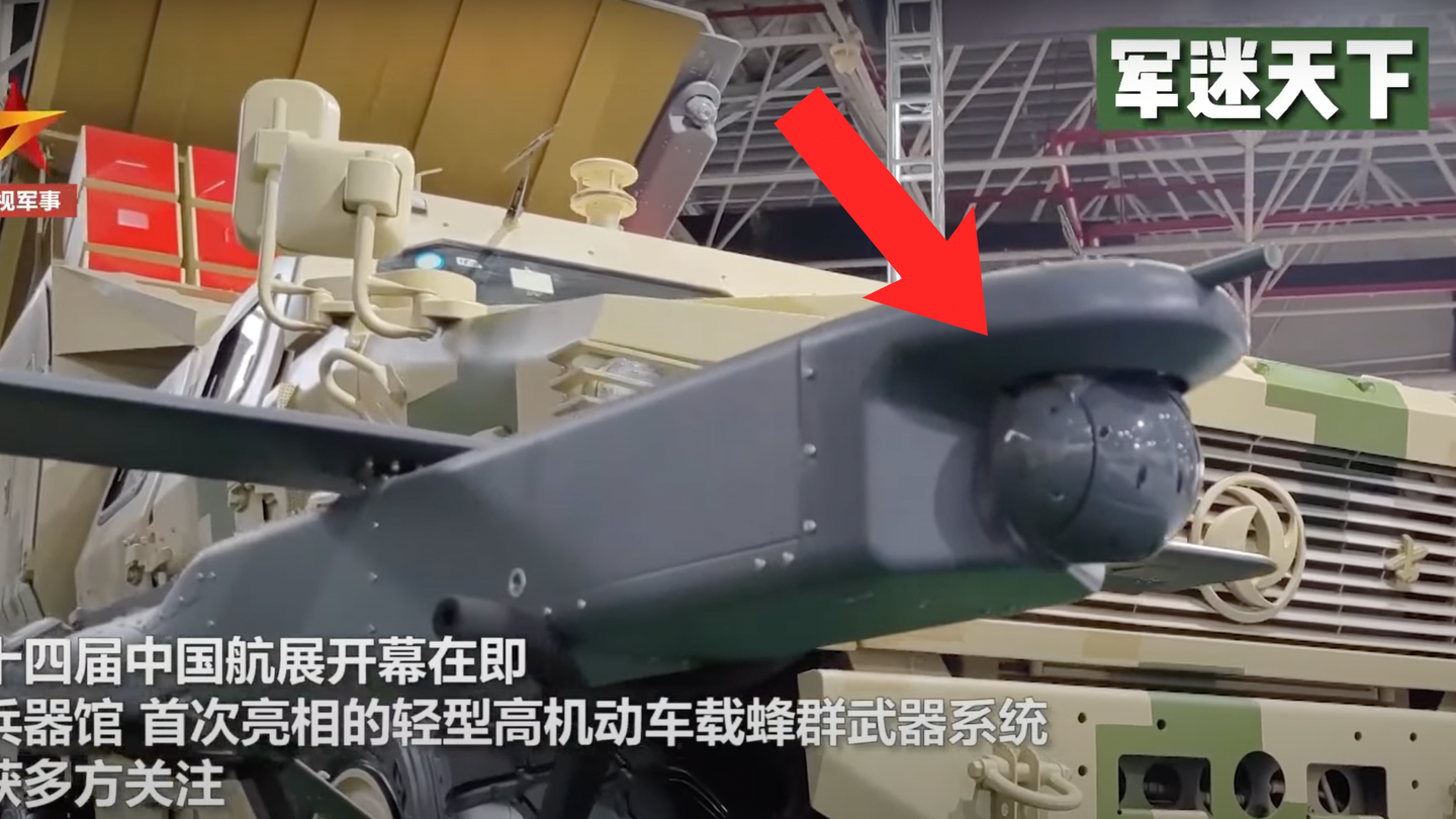 A screencap from the CCTV video where the gimballed sensor turret can be seen on the nose of the loitering munition. <em>Credit: CCTV screencap</em>