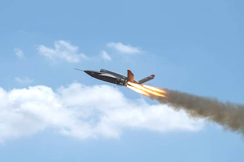 A picture of an XQ-58A being launched that Kratos released along with its announcement about the recent test flight. <em>Kratos</em>