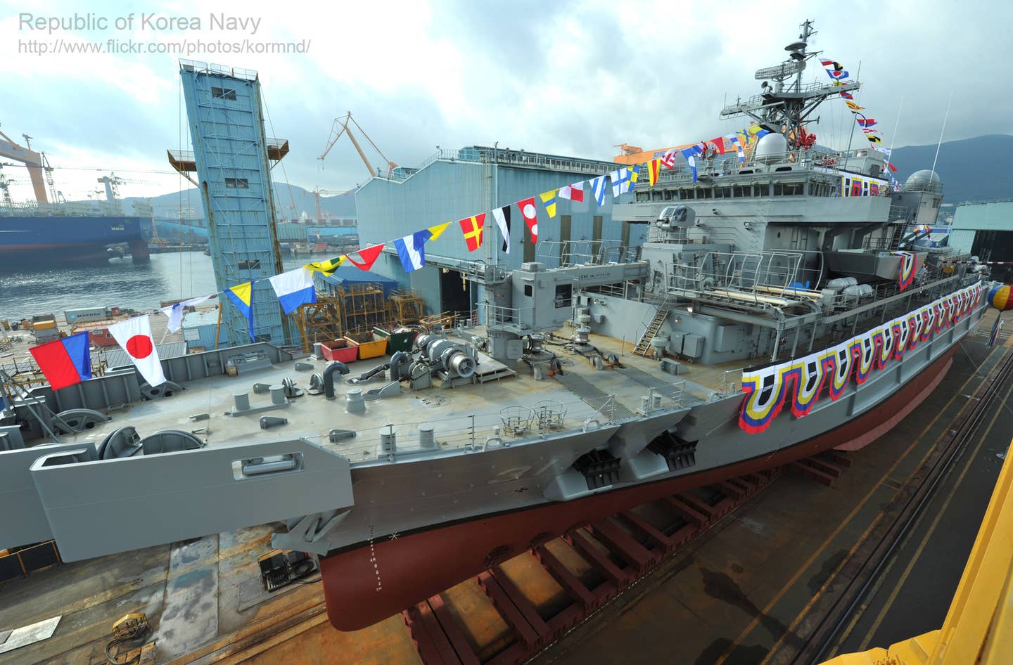 The launching ceremony of the salvage and rescue ship <em>Tongyeong</em> at Daewoo Shipbuilding &amp; Marine Engineering in September 2012. <em>Republic of Korea Armed Forces</em>