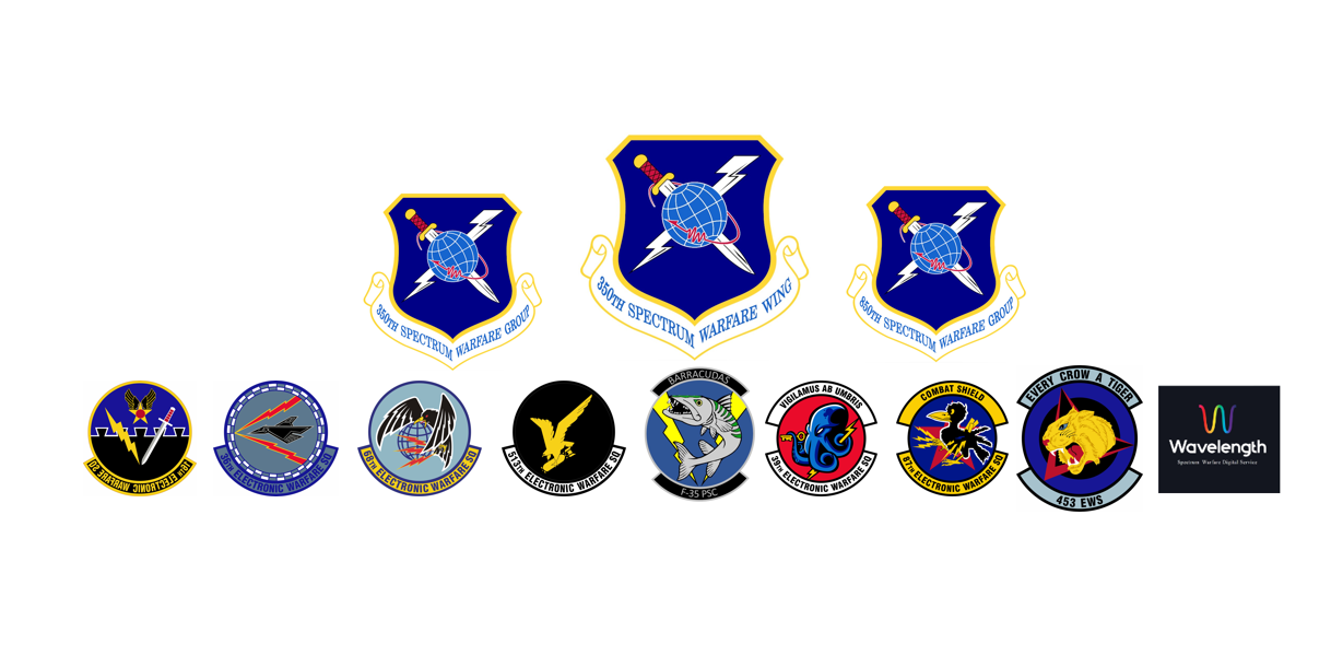 Patches belonging to the 350th Spectrum Warfare Wing as well as the groups it oversees. <em>Credit: 350th SWW</em>