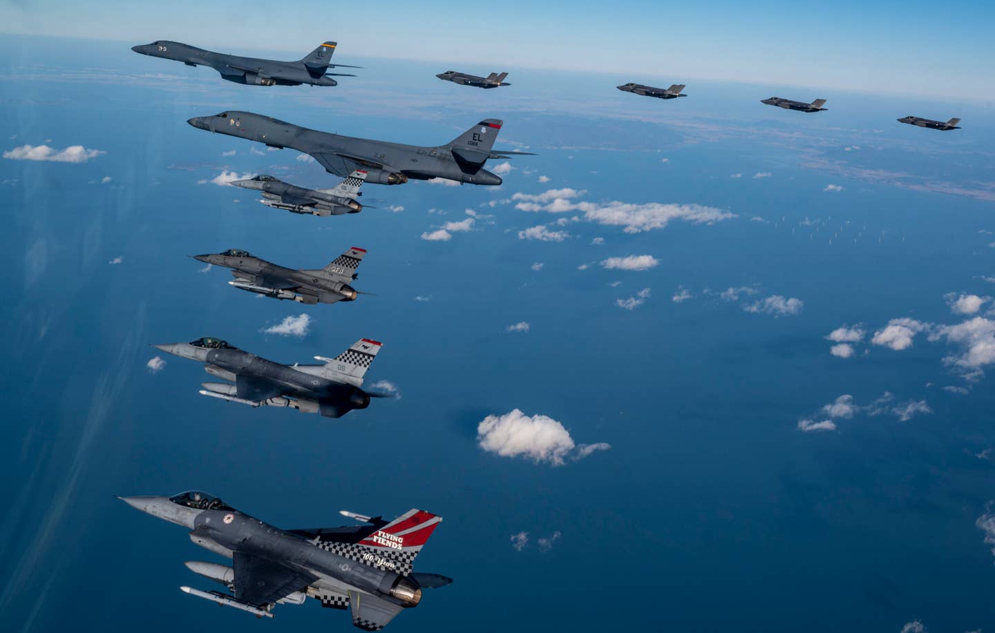 U.S. Air Force F-16C fighters and B-1B bombers join Republic of Korea Air Force F-35As in a combined training flight over the Korean peninsula as part of Vigilant Storm 23, November 5, 2022. <em>U.S. Air Force photo by Staff Sgt. Dwane R. Young</em>
