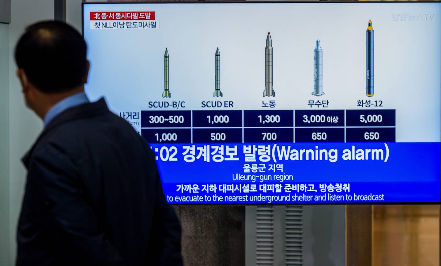 A TV screen displayed at a railway station in Seoul shows a news program flashing a warning alarm after a North Korean missile launch toward Ulleungdo island. North Korea fired one short-range ballistic missile (SRBM) toward the South Korean island on November 2, which prompted the South Korean government to immediately issue an air raid alert to tell residents to take shelter. <em>Photo by KIM Jae-Hwan/SOPA Images/LightRocket via Getty Images</em>