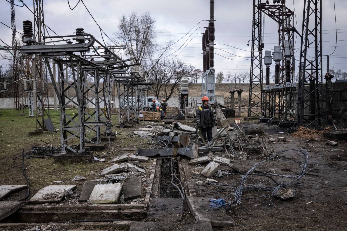 KYIV REGION, UKRAINE - NOVEMBER 04: Workers repair infrastructure in a power station that was damaged by a Russian air attack in October, on November 04, 2022 in Kyiv Oblast, Ukraine. Electricity and heating outages across Ukraine caused by missile and drone strikes to energy infrastructure have added urgency to preparations for winter. (Photo by Ed Ram/Getty Images)