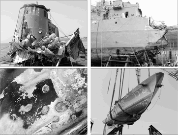 Four views showing the damage to the ROKS&nbsp;<em>Cheonan</em>&nbsp;after its wreckage was lifted from the sea in April 24, 2010. <em>Wikimedia Commons</em>