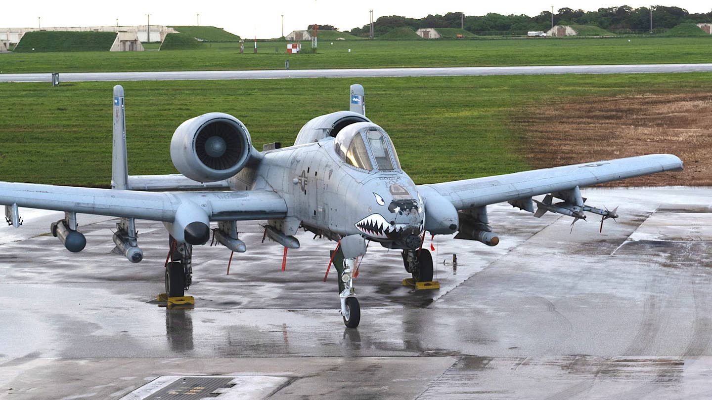 An A-10C Warthog from the 74th Fighter Squadron loaded with four DATM-160 training versions of the ADM-160 Miniature Air-Launched Decoy, among other stores, at Andersen Air Force Base on Guam during an exercise in November 2022.&nbsp;<em>USAF</em>