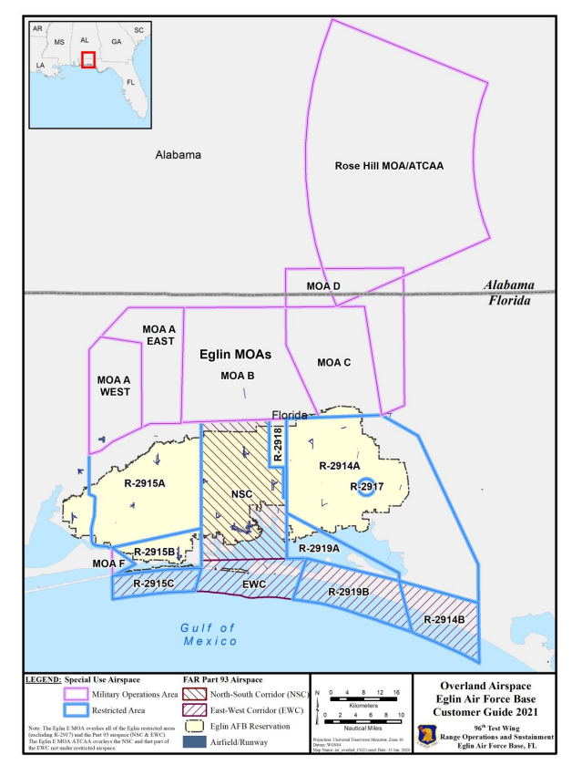 Overland range areas directly accessible to Eglin Air Force Base. <em>Credit: U.S. Air Force</em>