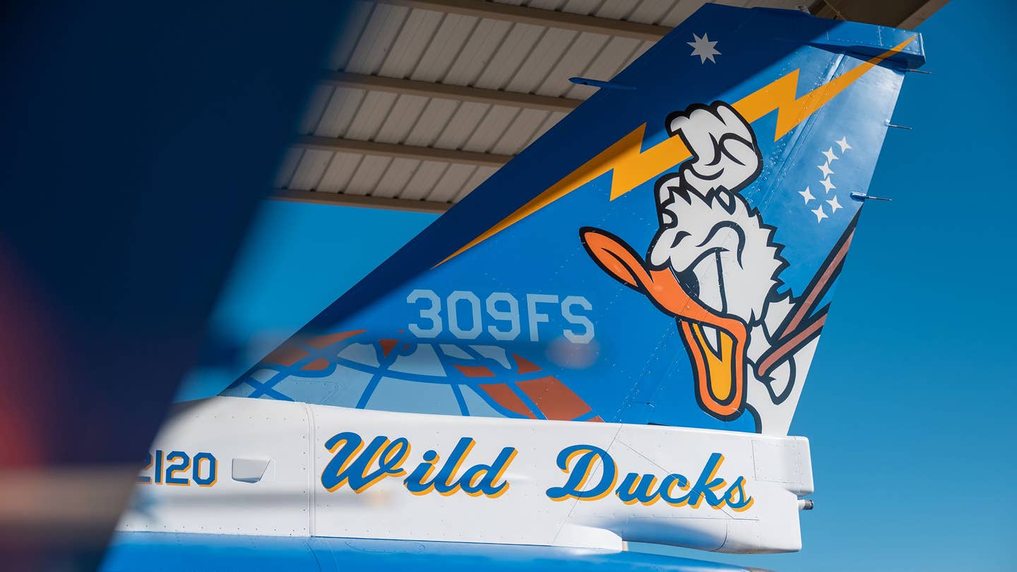The 309th Fighter Squadron “Donald Duck” emblem worn on the tail was originally approved in November 1944 when the unit was flying P-51 Mustangs in the European Theater of Operations. <em>U.S. Air Force</em>