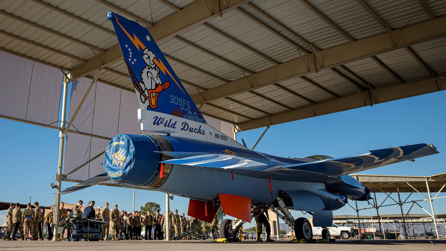 The flamboyant new 309th Fighter Squadron “Wild Ducks”&nbsp;color bird during its unveiling today. <em>U.S. Air Force</em>
