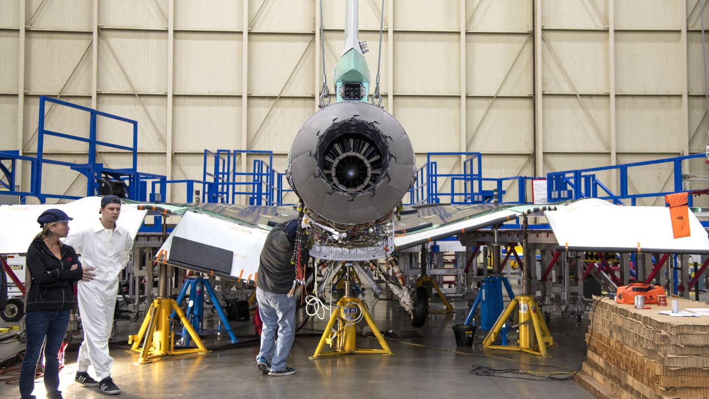 The X-59’s single F414-GE-100 turbofan engine installed. <em>NASA/Carla Thomas</em>