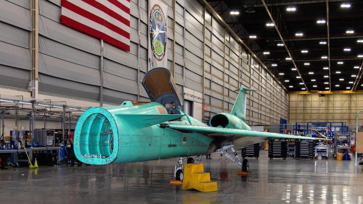 Another view of the X-59A under construction from earlier this year. <em>NASA/Lauren Hughes</em>