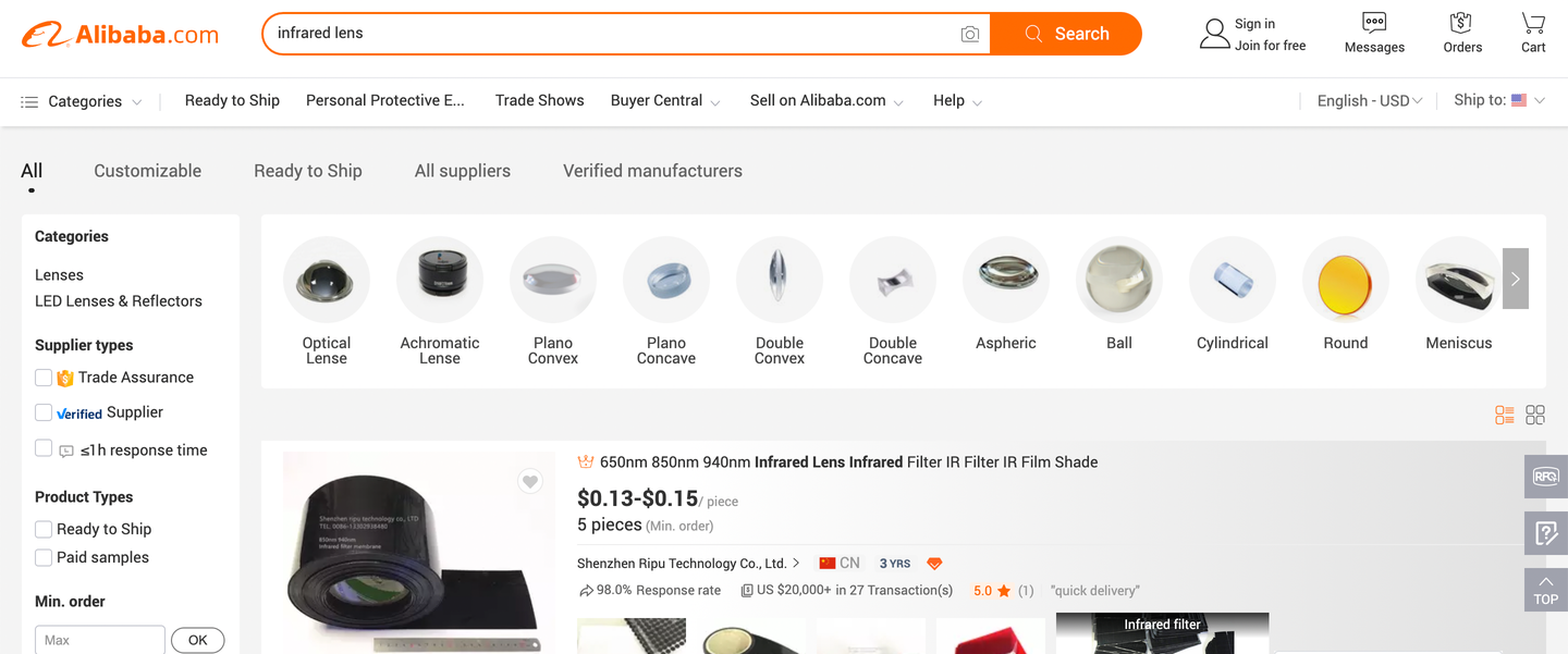 A screenshot taken on the Alibaba sight after simply searching 'infrared lens.' Several different types are sold and the site gives users the option to filter their search by 'All Manufacturers' or 'Verified Manufacturers.' <em>Credit: Alibaba screenshot</em>