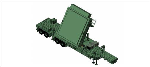 A computer-generated graphic depicting a trailer-mounted AESA radar configuration for the L-SAM system. <em>ADD</em>