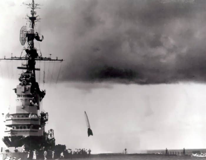 Launch of a captured V-2 rocket from deck of USS <em>Midway</em> during Operation Sandy, September 6, 1947. <em>U.S. Navy/Wikimedia Commons.</em>