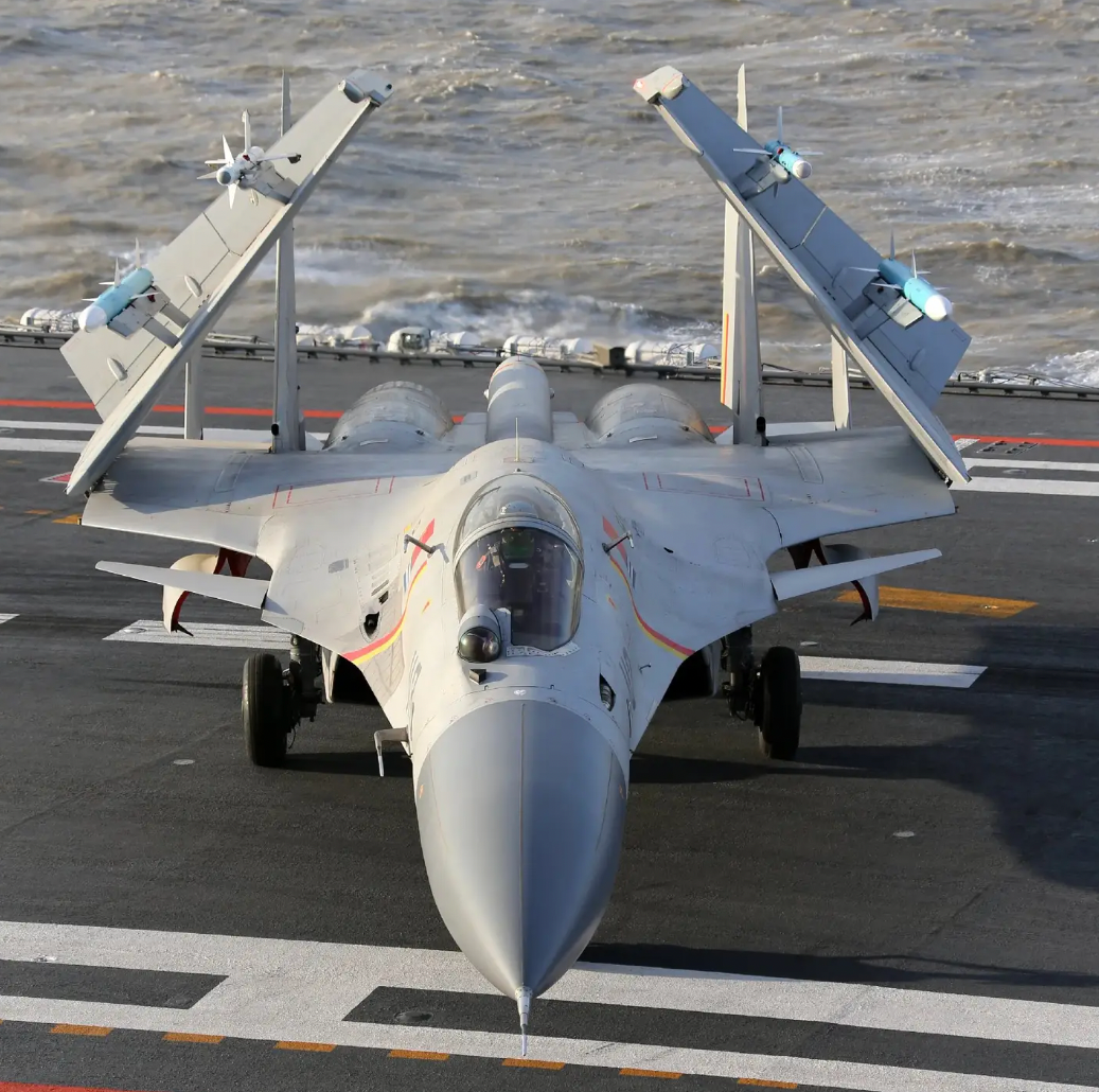 A J-15 loaded with Chinese air-to-air missiles.&nbsp;<em>PLAN</em>