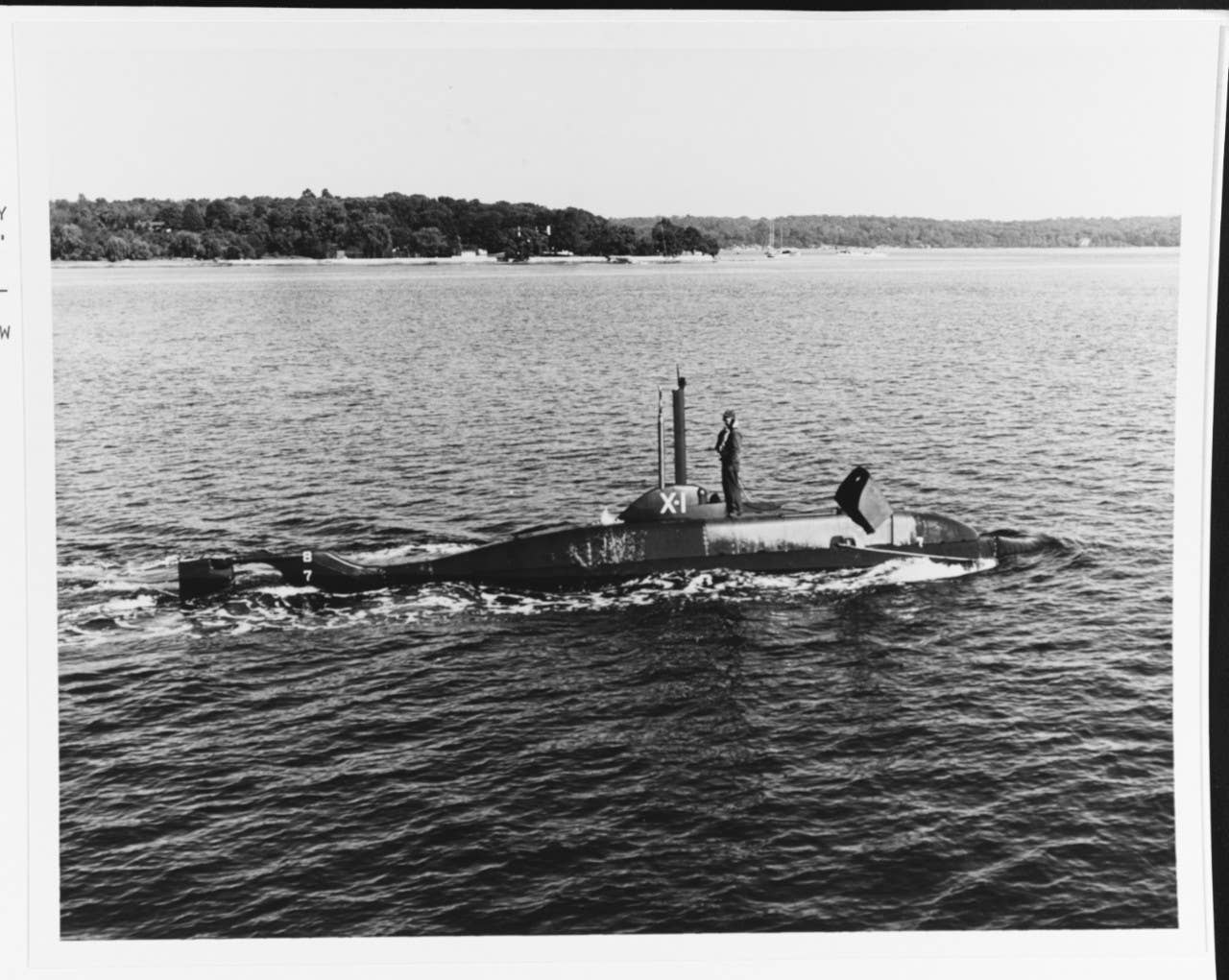 USS <em>X-1</em> underway on trials in Long Island Sound, October 6, 1955. <em>U.S. Naval Institute via Naval History and Heritage Command</em>