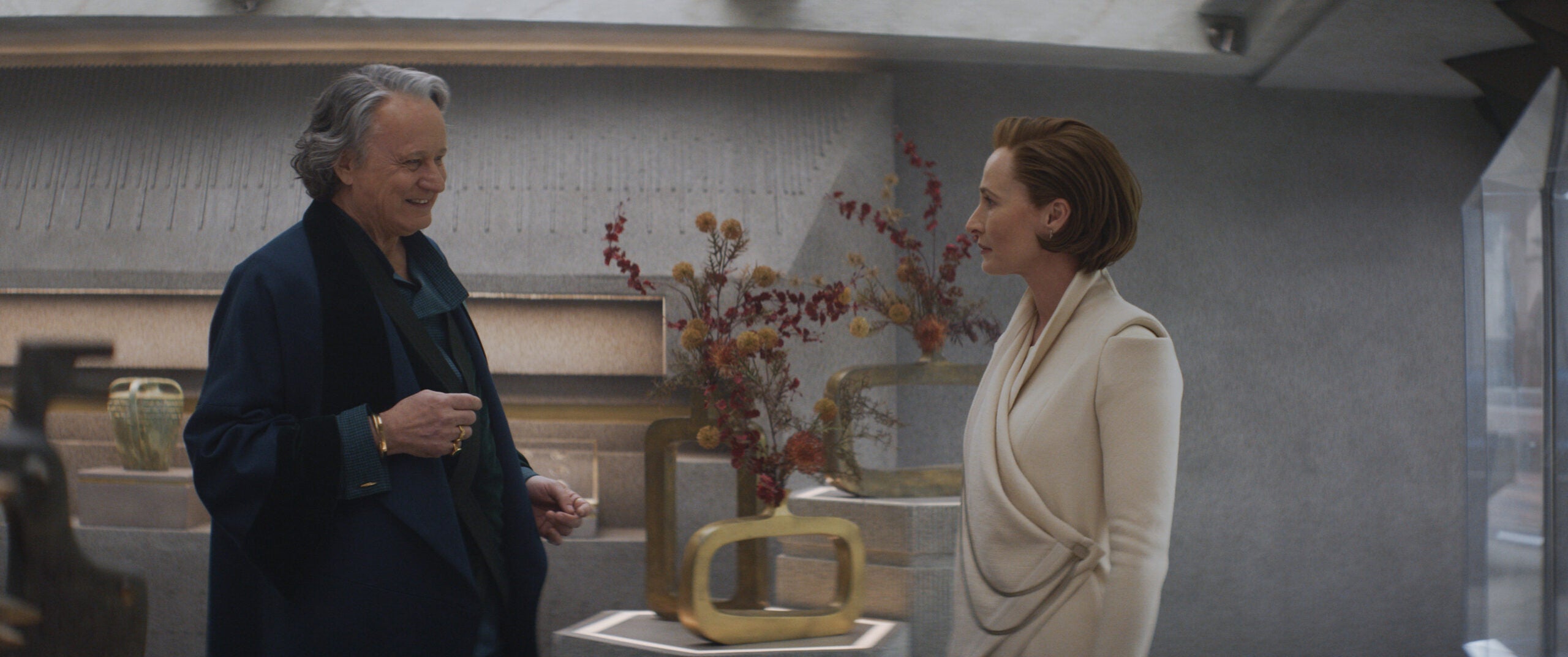 (L-R): Luthen Rael (Stellan Skarsgard) and Mon Mothma (Genevieve O'Reilly) in Lucasfilm's ANDOR, exclusively on Disney+. ©2022 Lucasfilm Ltd. &amp; TM. All Rights Reserved.