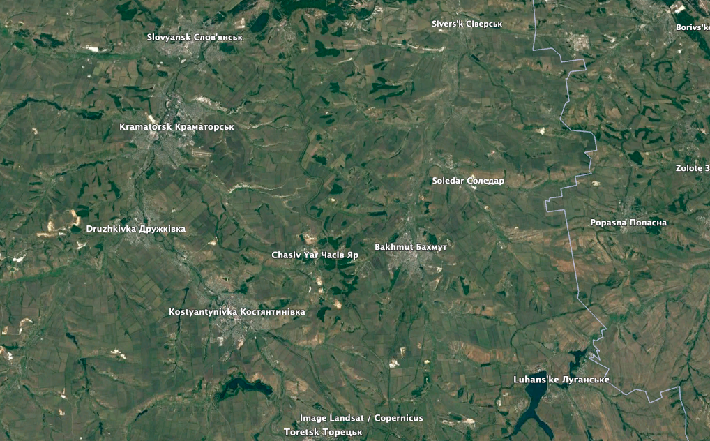 Bakhmut, in Donetsk, is the site of some of the worst fighting in Ukraine. (Google Earth image)