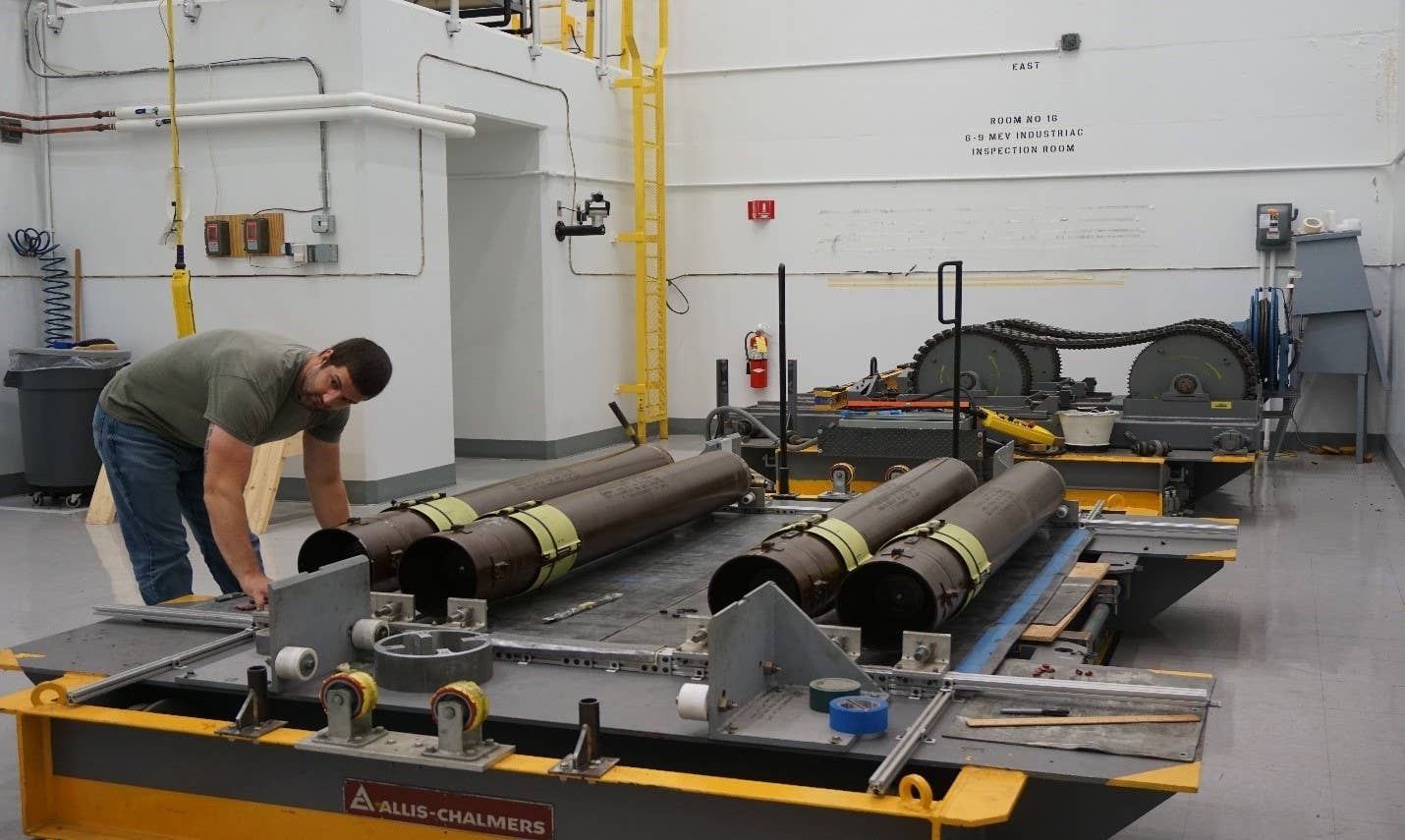 M26 rocket motors are prepared for testing at the Letterkenny Munitions Center, Pennsylvania. <em>U.S. Army</em>