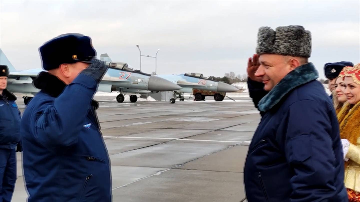Su-35S fighters from Dzyomgi arrive in Belarus, in January 2022. <em>Russian Ministry of Defense</em>