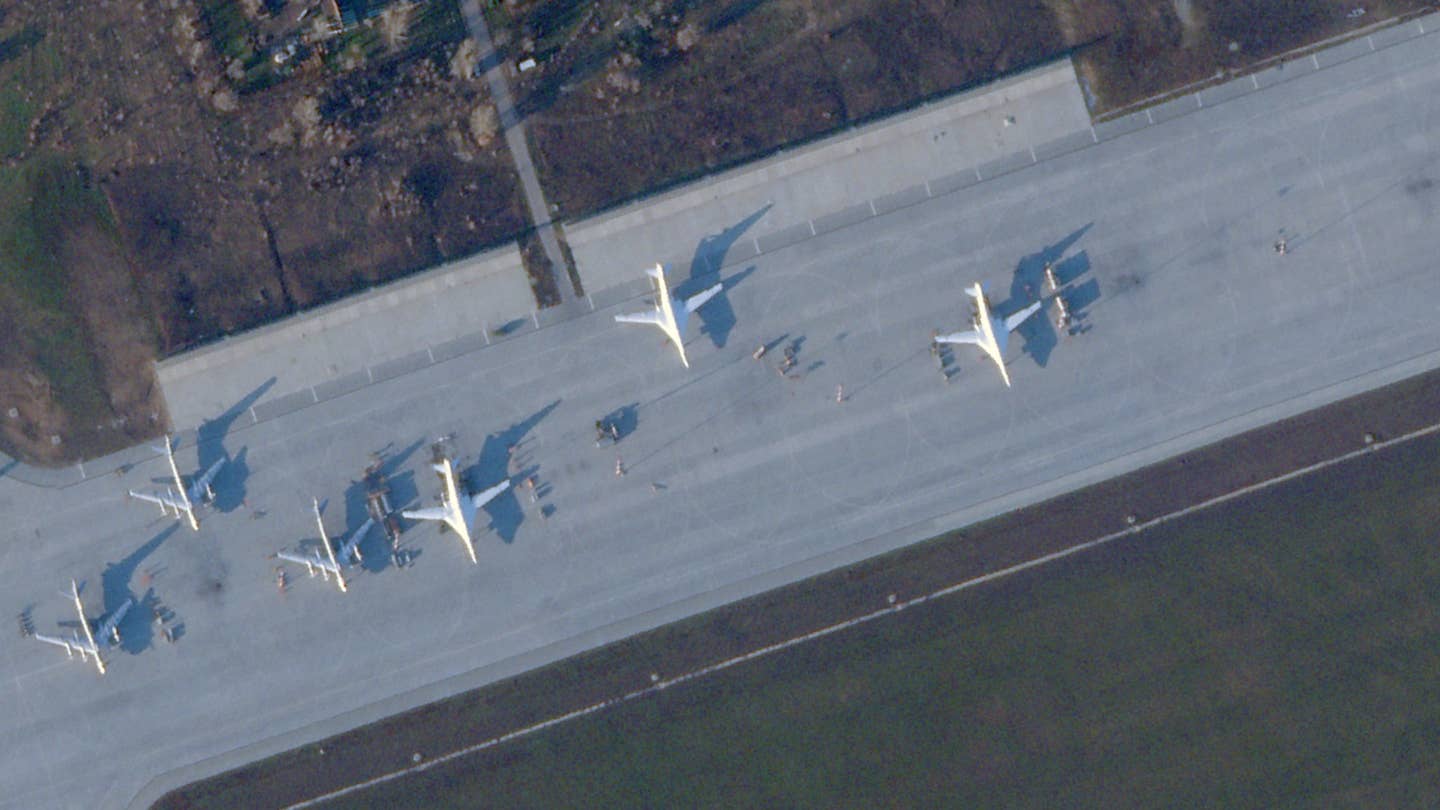 Some of the bombers seen at Engels on November 29. Visible here are, from left to right, three Tu-95MSs and three Tu-160s. <em>PHOTO © 2022 PLANET LABS INC. ALL RIGHTS RESERVED. REPRINTED BY PERMISSION</em>
