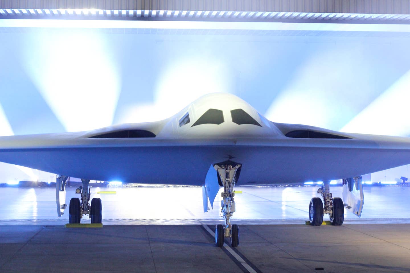 The B-21 Raider, revealed to the public for the first time on Friday, is scheduled to make its first flight sometime next year. (Howard Altman/<em>The War Zone</em> photo)