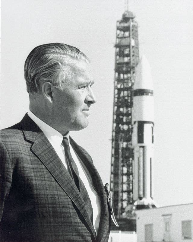 Wernher von Braun and Saturn IB on the launch pad. <em>NASA.</em>