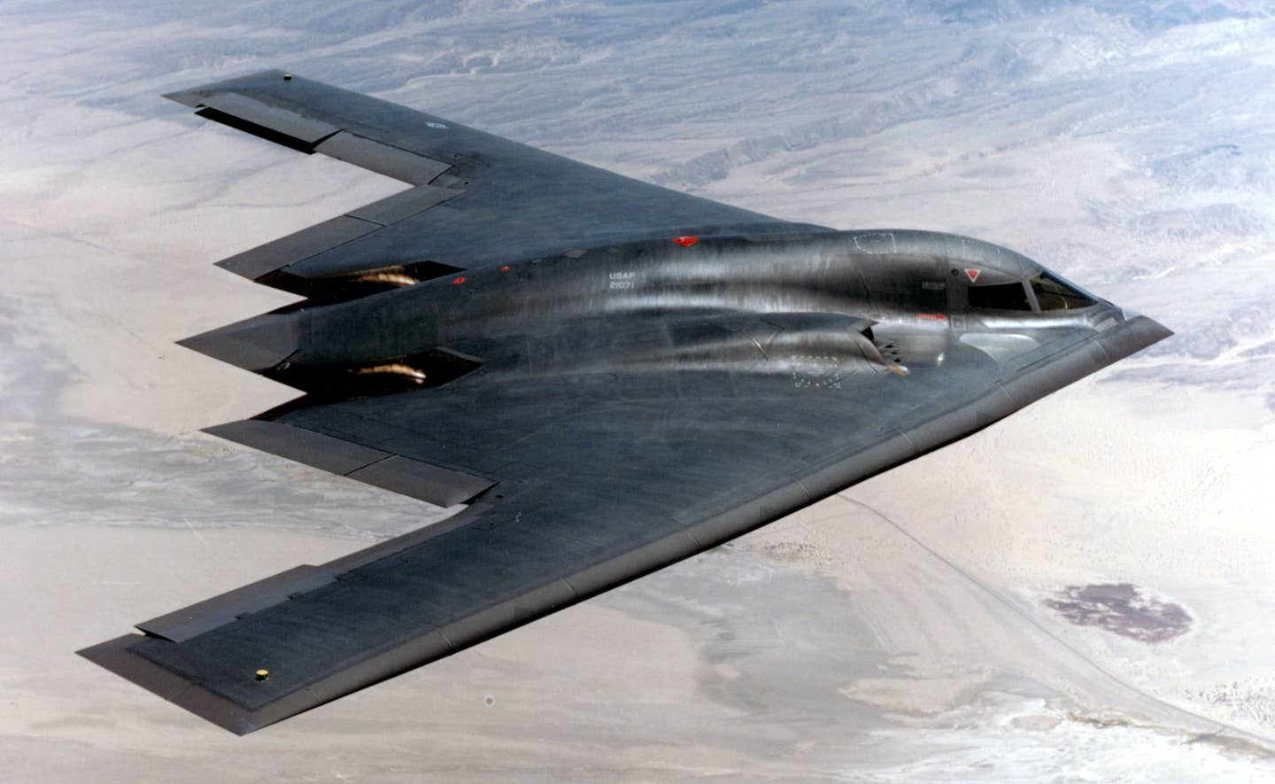 B-2A Spirit, the resulting aircraft from Northrop's Senior Ice concept Advanced Technology Bomber proposal, seen during testing. <em>USAF</em>