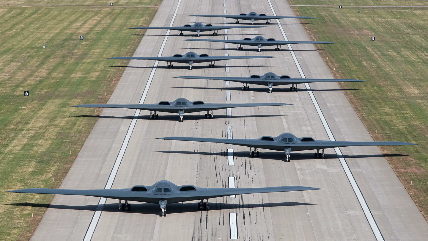 40% of the B-2 bomber fleet executing an ‘Elephant Walk’ on Whiteman Air Force Base's only runway. <em>Credit: U.S. Air Force photo by Airman 1st Class Bryson Britt</em>