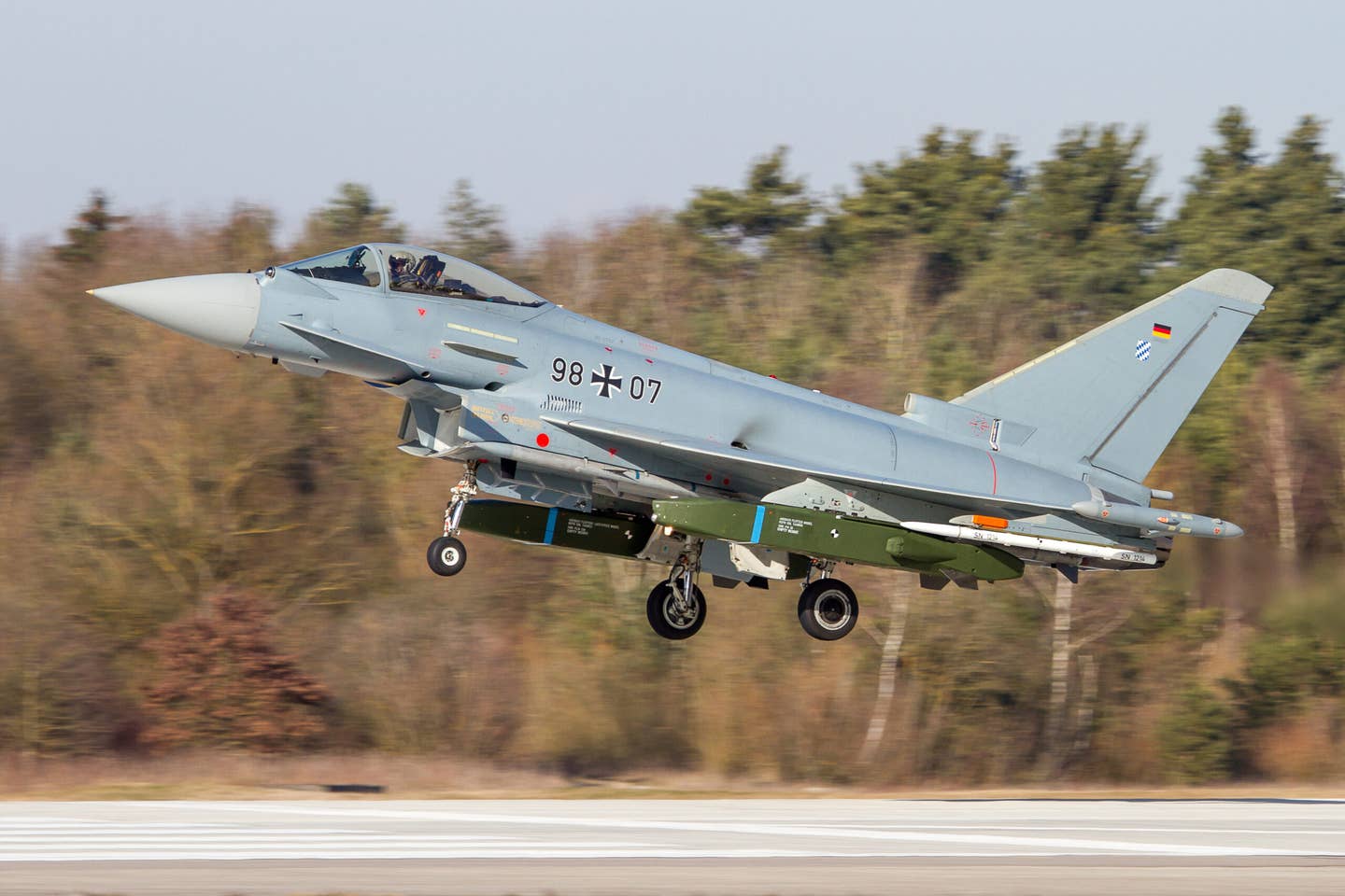 A German Eurofighter EF2000 jet carrying a pair of Taurus KEPD 350 cruise missiles. <em>Philipp Hayer/Wikimedia Commons</em>