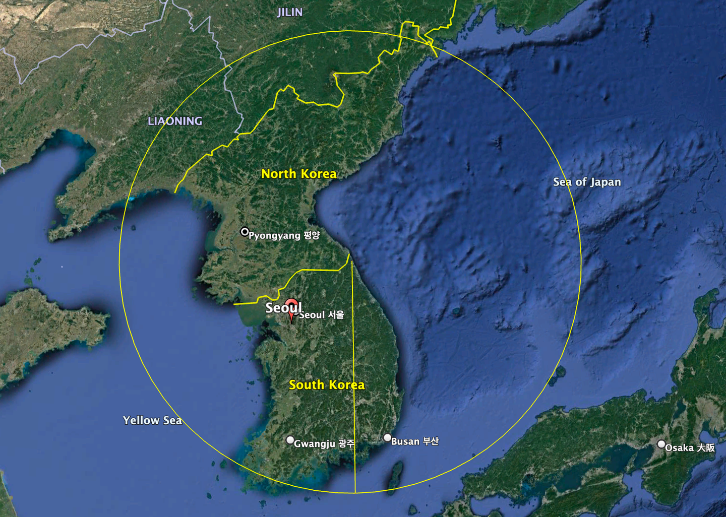 A map showing the approximate range of a 300-mile-capable ALCM were it to be launched in South Korean airspace close to the border with North Korea. <em>Google Earth</em>