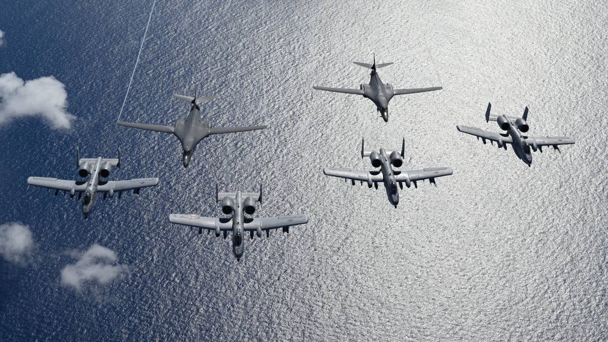 B-1B bombers fly over the Pacific together with A-10 Warthog ground attack aircraft during an exercise. <em>USAF</em>