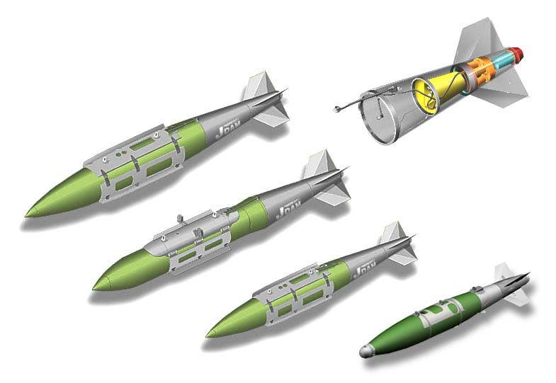A graphic showing JDAM kits fitted to unguided general-purpose bombs. From top to bottom: 2,000-pound Mk 84, 2,000-pound BLU-109 penetrator warhead, 1,000-pound Mk 83/BLU-110, 500-pound Mk 82/BLU-111. On the right is the guidance and control section, mounted in the tail of the bomb body. <em>U.S. Air Force</em>