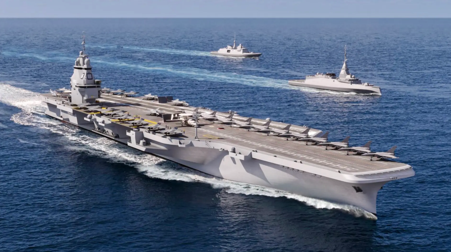 The French Navy’s future aircraft carrier, or PANG, as depicted in an official rendering, with both NGFs and Rafales in the air wing. <em>Naval Group.</em>