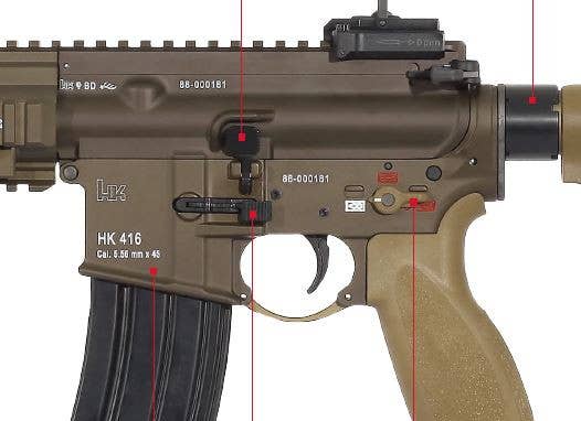 An annotated photograph from a brochure showing various features on an older HK416 A5, including a more AR-15/M16-style fire selector lever. <em>Heckler &amp; Koch</em>