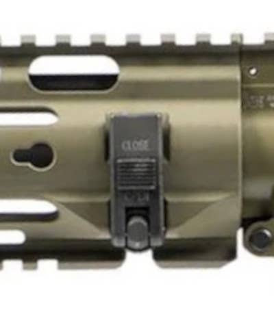 A close-up of the latch seen at the rear of the left side of the handguard on the HK416 A8, which could be part of a quick-change handguard and barrel system. <em><em>Heckler &amp; Koch</em></em>