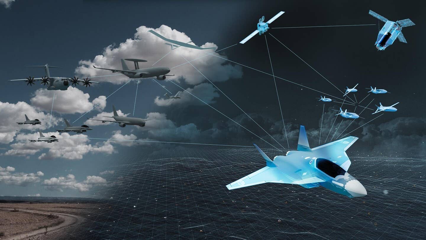 An Airbus concept showing an NGF connected via satellite-based Combat Cloud to Remote Carriers, as well as a variety of legacy combat and support platforms. <em>Airbus</em>