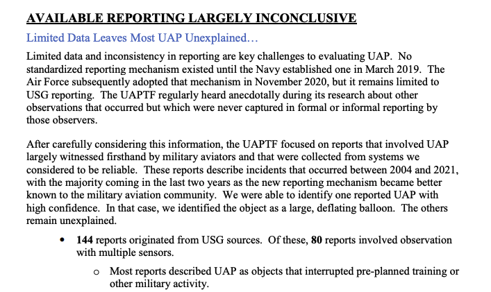 The initial ODNI report on UAPs found just one out of 144 that could be identified.