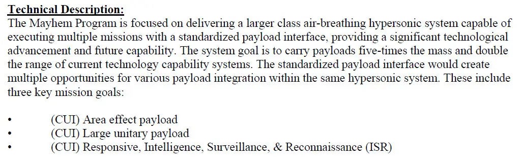 A brief unclassified technical description of the Mayhem program and the desired air vehicle from the December 2021 contracting document. USAF