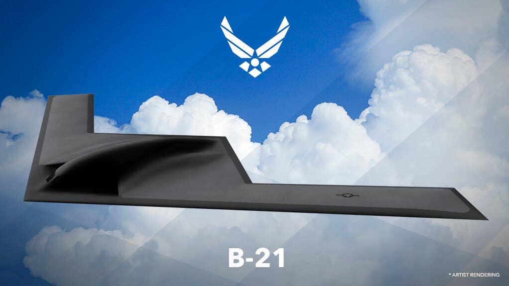 The original B-21 render, unveiled over six years ago, showing the aircraft's basic planform and configuration. (USAF)