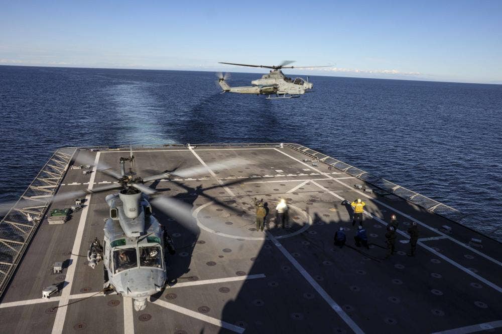 AH-1Z and UH-1Y operating aboard the Littoral Combat Ship USS <em>Jackson</em>. (DoD)