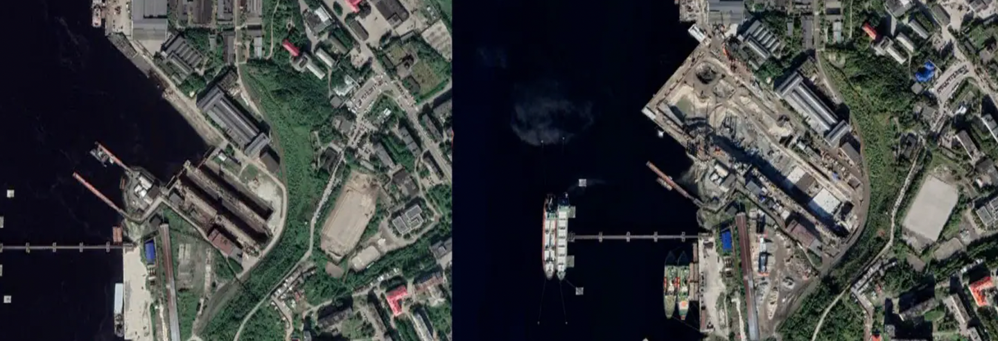 Satellite images showing construction to create the enlarged drydock at the 35th Shipyard. <em>PHOTO © 2022 PLANET LABS INC. ALL RIGHTS RESERVED. REPRINTED BY PERMISSION</em>