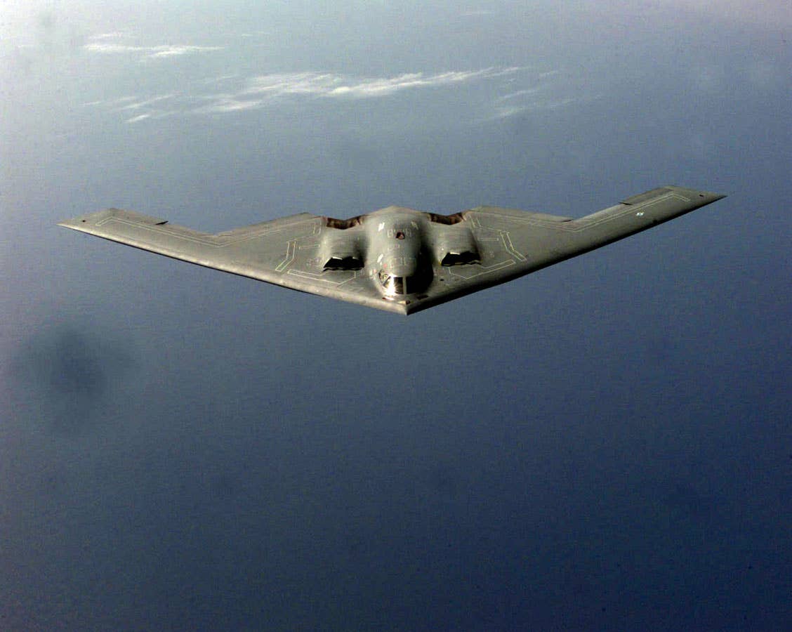 A B-2 prepares to receive fuel from a KC-135 during a mission supporting NATO Operation Allied Force. <em>U.S. Air Force photo by SSgt. Ken Bergmann</em>