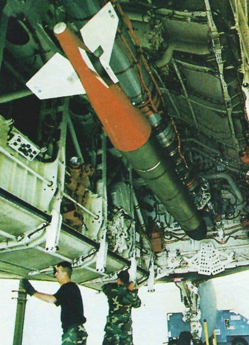 A B-2 loaded with an example of the penetrating version of the GAM, the GBU-37/B GAM, which used a BLU-113/B warhead. <em>Northrop Grumman</em>