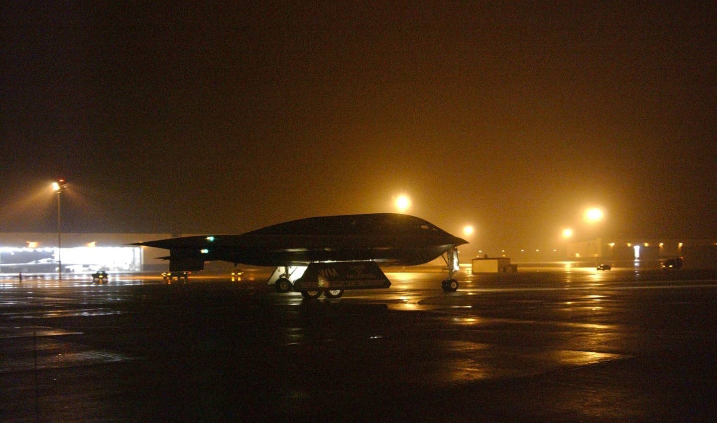 A B-2 taxies to the runway at Whiteman Air Force Base on March 13, 2003, as it deploys to Diego Garcia to support the upcoming campaign against Iraq. <em>Photo by Michael Gaddis/USAF/Getty Images</em>