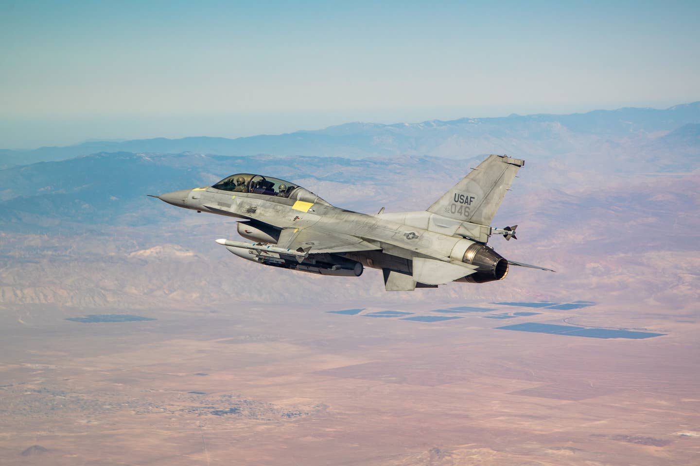 A ROKAF F-16D deployed at Edwards Air Force Base, California, to conduct tests under the&nbsp;South Korean F-16 upgrade program. <em>U.S. Air Force</em>