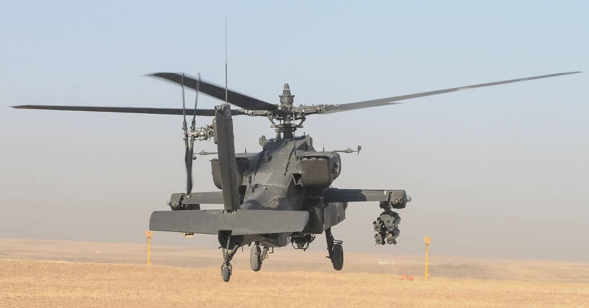 An Army AH-64 equipped with a version of the AN/AAQ-24(V) LAIRCM system, which also featured pointer/trackers and warning sensors on wingtip sponsons. <em>U.S. Army</em>