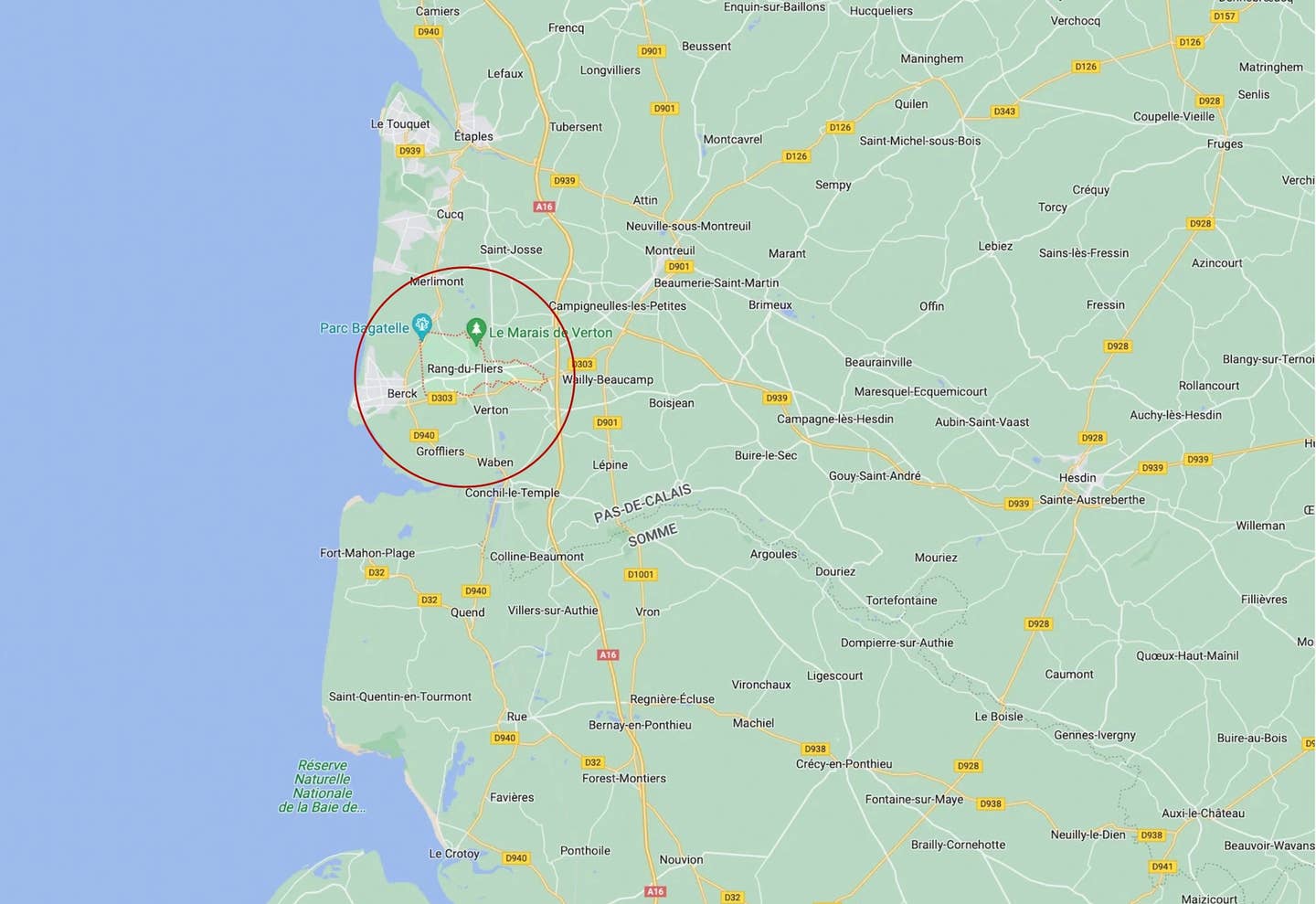 Rang-du-Fliers (circled in red), a commune in the Pas-de-Calais department in the Hauts-de-France region of France, seen in relation to Somme and the nearby commune of Berck. <em>Google Maps</em>