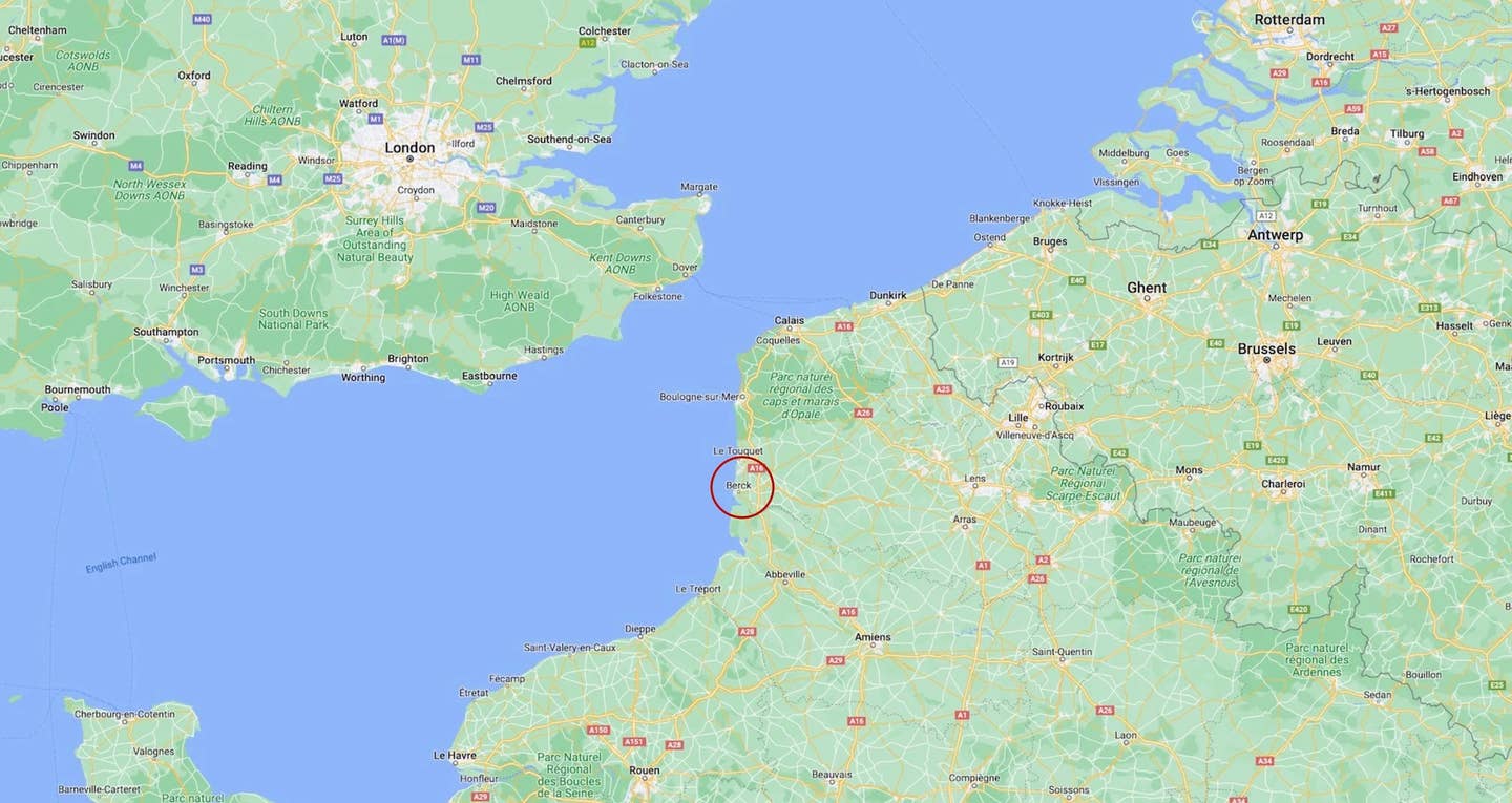 Berck (circled in red), seen in the wider context of northern France, the United Kingdom, and Belgium. <em>Google Maps</em>