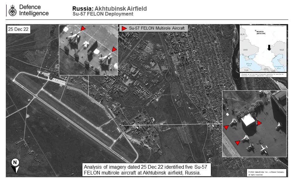 A satellite image of Akhtubinsk Air Base showing five Su-57 fighter jets there as of December 25, 2022. <em>U.K. Ministry of Defense Twitter</em>