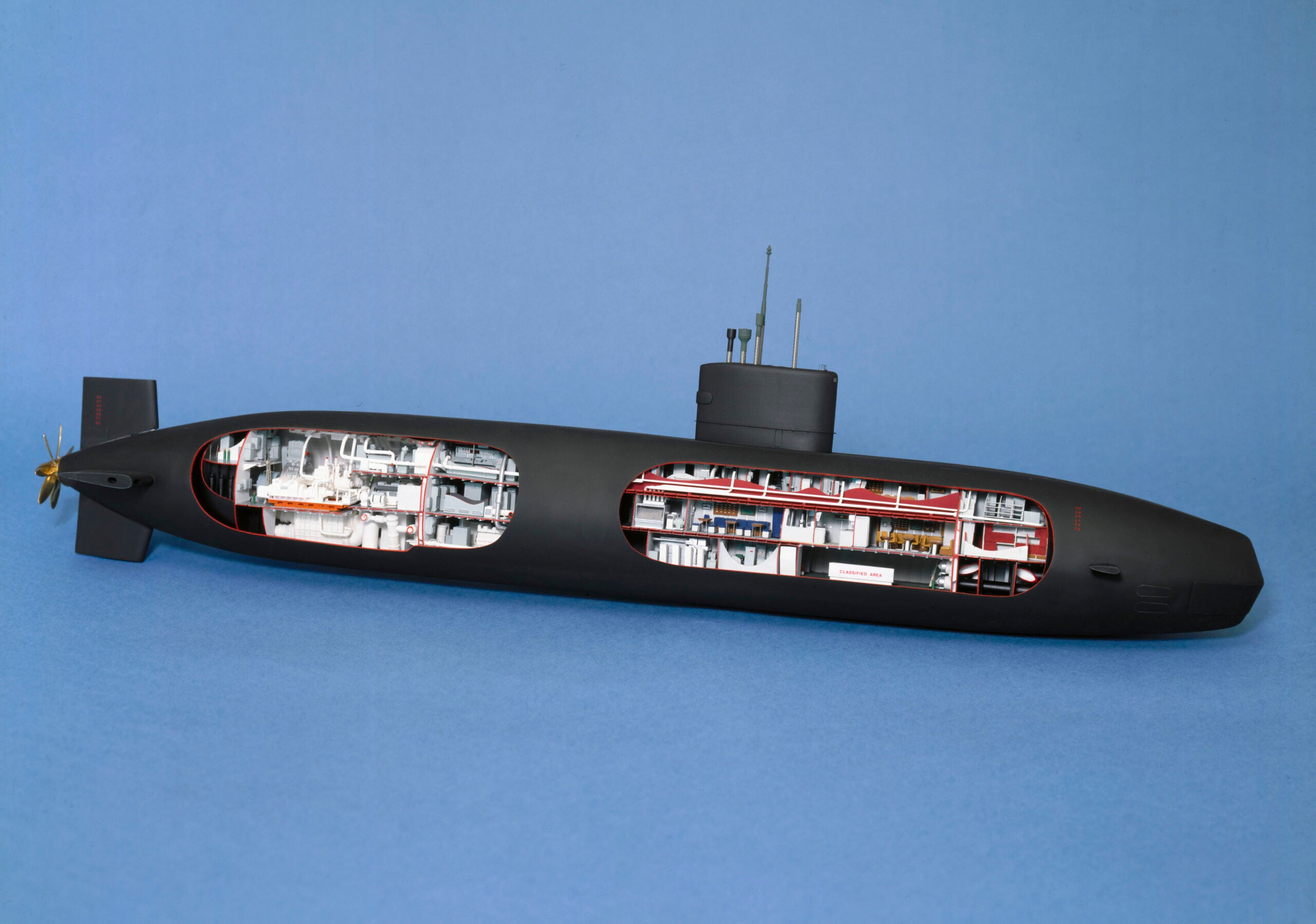 UNITED KINGDOM - JANUARY 09:  Cut-away model. In total six nuclear-powered attack submarines of the �Swiftsure� class were built by Vickers. They were 272 ft long, had a submerged displacement of 4900 tons, and a crew of 116. The submarines were armed with 5 torpedo tubes as well as anti-ship and land-attack missiles, and were capable of a submerged speed of 30 knots. Two vessels, HMS �Splendid� and HMS �Spartan�, saw service in the Falklands War in 1982. HMS �Swiftsure� herself was decommissioned in 1992 after problems with her reactor became evident during a refit.  (Photo by SSPL/Getty Images)